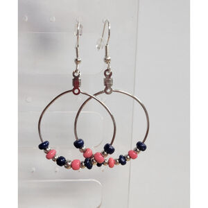 Handmade blue & pink glass bead hoop pierced earrings